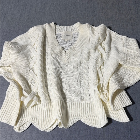No Comment Sweaters - No Comment Cable Knit Sweater M Cream Lace Up Boho Scalloped Hem Acrylic F - 20